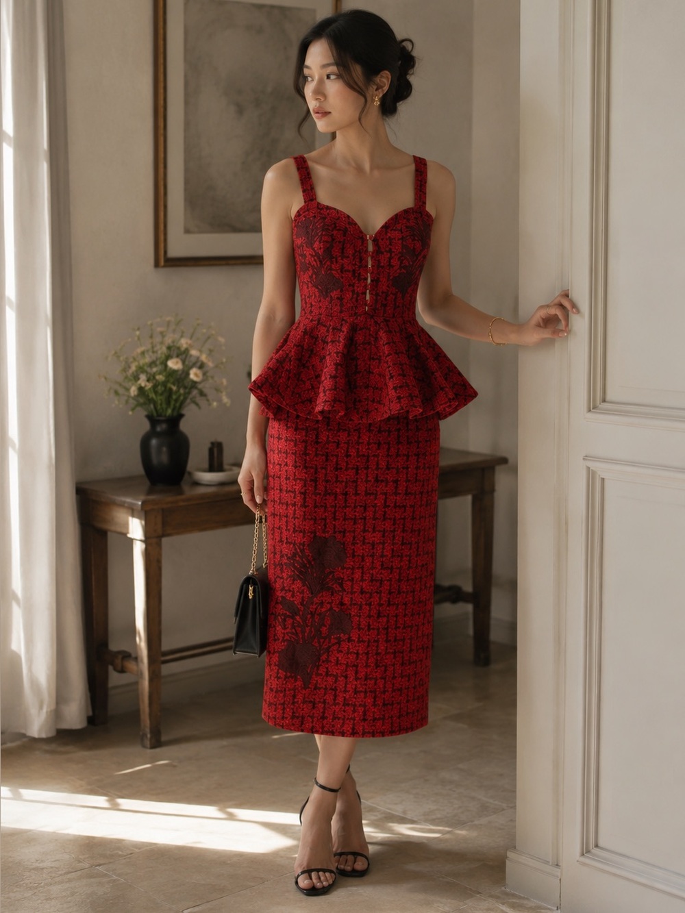 Fanm Mon Gulia Peplum Red Tweed Midi Dress XL